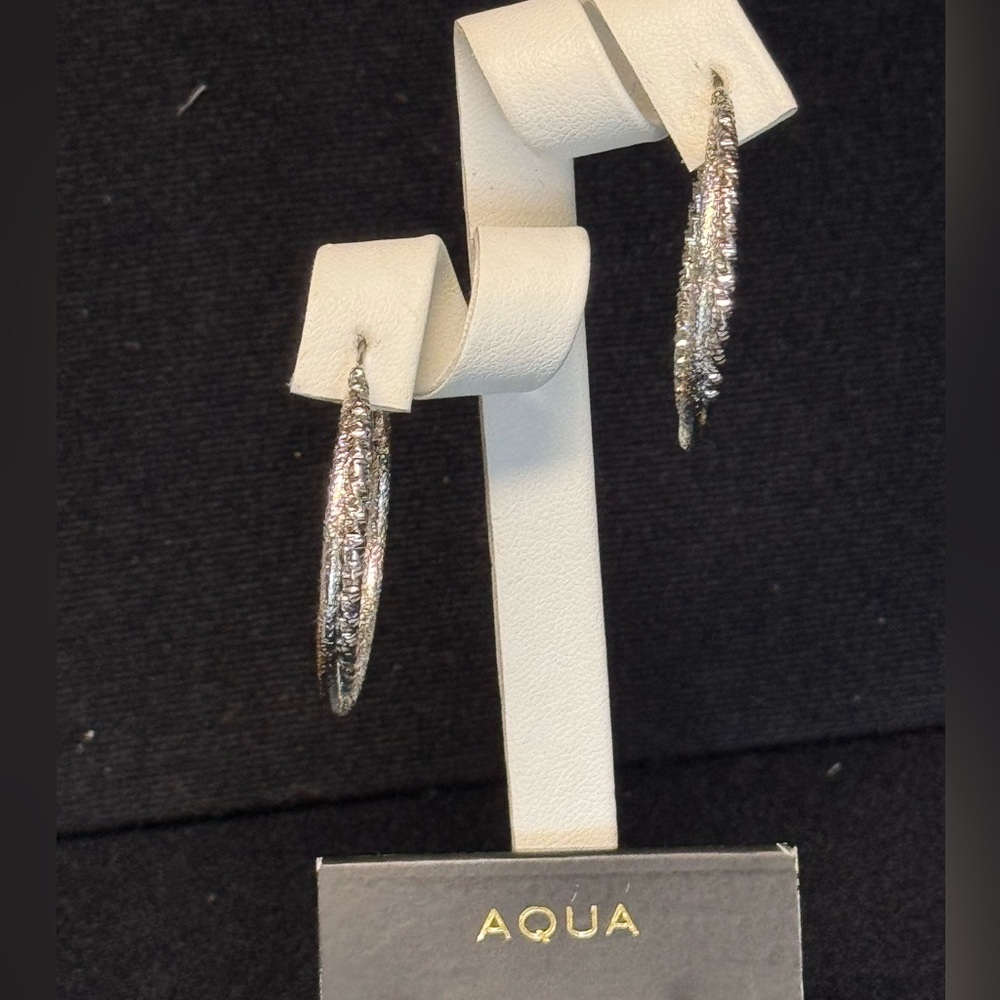 Aqua Shimmering Silver Textured Hoop Earrings 1.5 inch